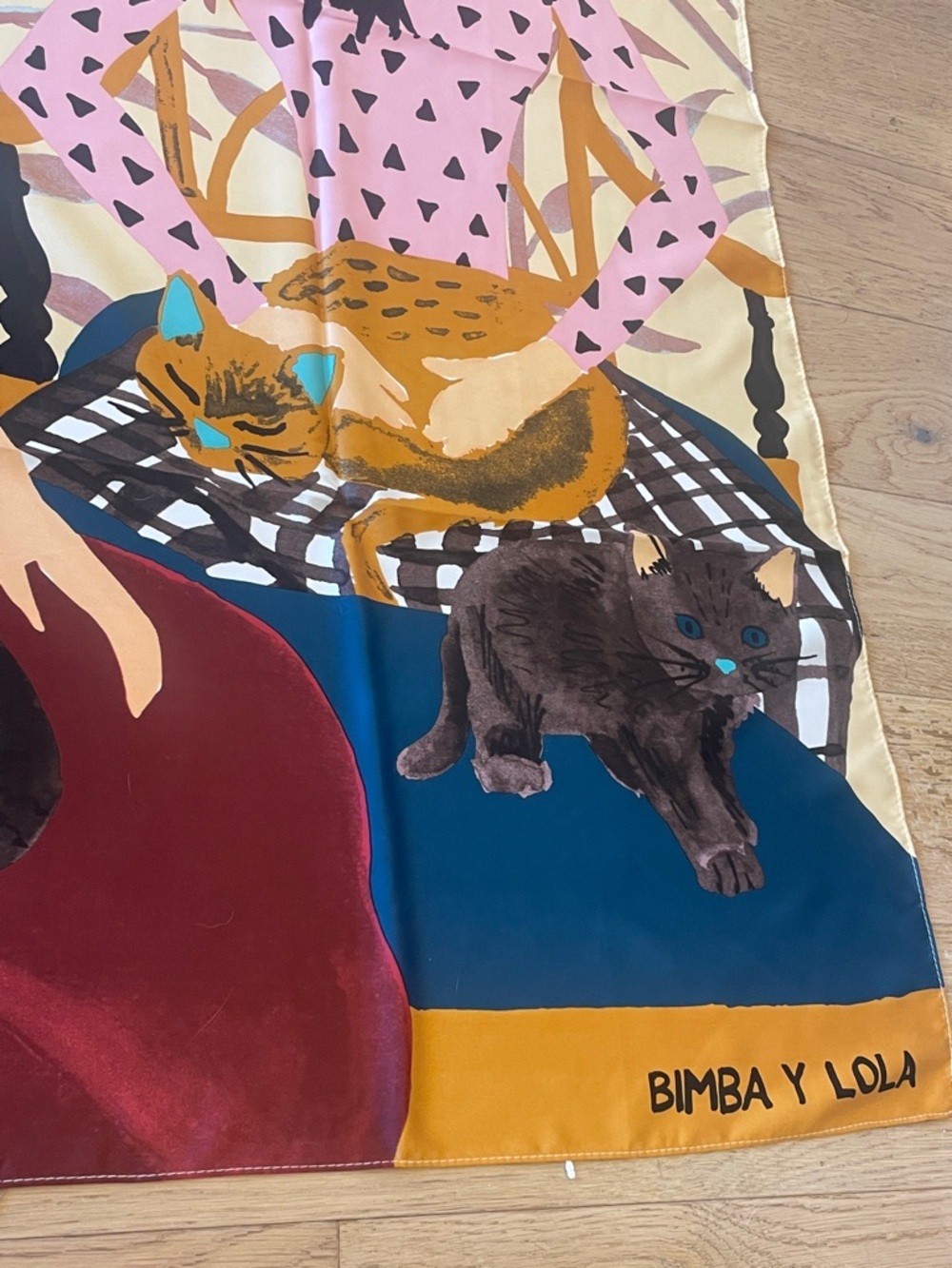 Illustrated Cats & Women Silk Scarf - Multicolor - Picture 4 of 5